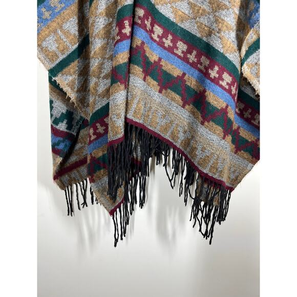 Poncho Shawl Wrap Womens Fringe Tassels Southwestern Native Aztec Tribal Print - Picture 8 of 9